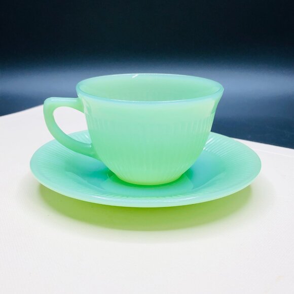 Vintage 50s FIRE KING USA Jadeite Jane Ray Teacup and Saucer Set: MCM Glassware - Picture 2 of 11